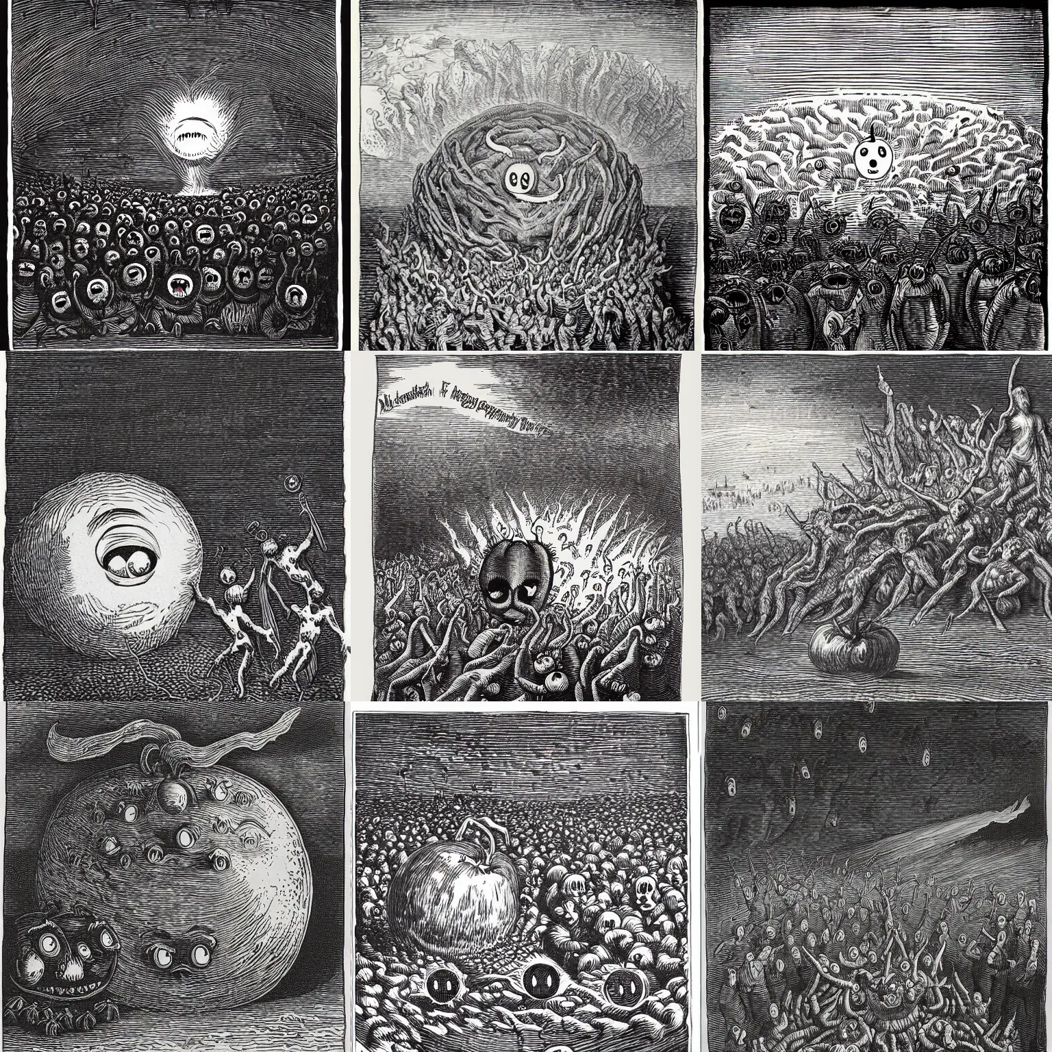 Prompt: A tomato with googly eyes in hell. Gustave Dore, Woodcut, Black and White.