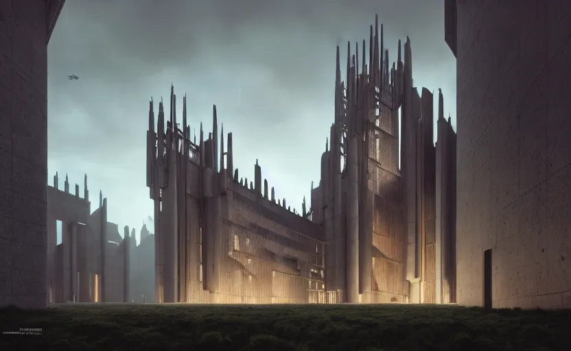 Prompt: exterior shot of utopian brutalist gothic stronghold architecture with cinematic lighting by zaha hadid peter zumthor and renzo piano and, darek zabrocki and greg ruthkowski, simon stalenhag, cinematic, holy place, paradise, scifi, futurism, atmospheric, concept art, artstation, trending on artstation