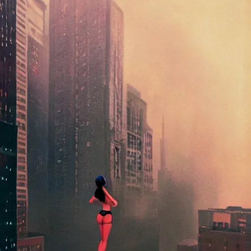 Image similar to “ girl standing on a roof looking down at a foggy futuristic new york city below, ghostpunk, blade runner, cyberpunk, pinup, storm clouds, very detailed, by gil elvgren ”