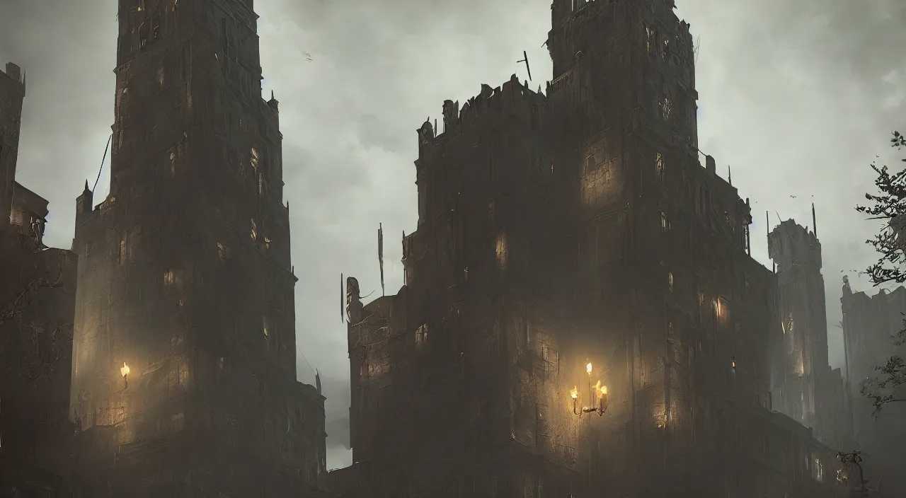 Image similar to dunwall tower, dishonored aesthetic, cinematic lighting, rainy weather, melancholy atmosphere, artstation, dunwall city, gothic architecture, volumetric light, octane render, dishonored game, dishonored 1, atmosphere or depression and despair