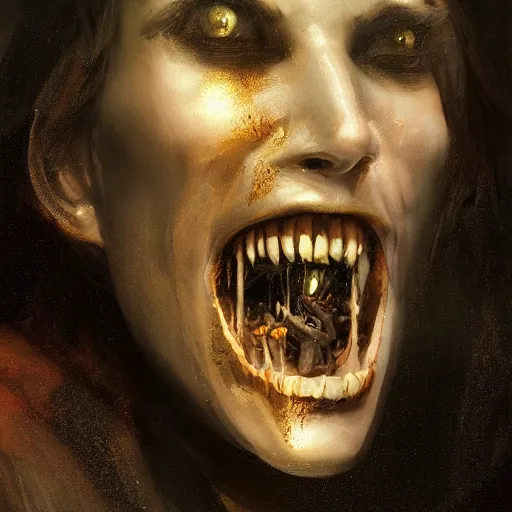 Prompt: portrait painting of a noble vampire monster, mysterious atmospheric lighting, teeth, manor, medieval, dark fantasy, painted, intricate, volumetric lighting, rich deep colours masterpiece, golden hour, sharp focus, ultra detailed, by ruan jia