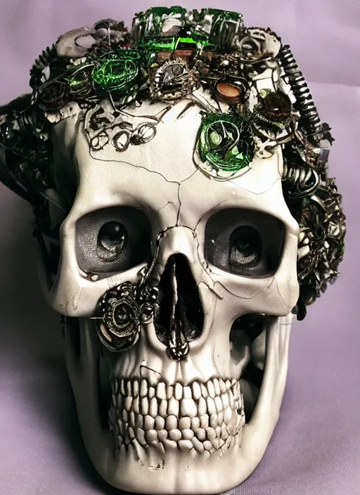 Prompt: intricate detailed biopunk cyberpunk skull, ivy, death,