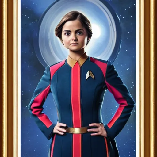 Image similar to a full body photograph of jenna coleman as a star fleet science officer from star trek next generation, full dress uniform, symmetrical face, extreme realism and detail, 8 k, completely framed, direct lighting, 3 5 mm photo, photorealistic, sharp focus