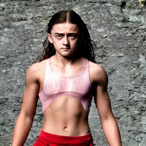 Image similar to muscular young arya stark showing her abs, glisten, high resolution, hard light, cnn, afp, reuters