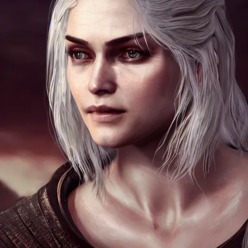 Image similar to close up of Cirilla from The Witcher, depth of field, 8k, 35mm film grain, unreal engine 5 render dramatic, intricate, elegant, highly detailed, digital painting, artstation, concept art, smooth, sharp focus, illustration, octane render, art by Leesha Hannigan, Ross Tran, Thierry Doizon, Kai Carpenter, Ignacio Fernández Ríos