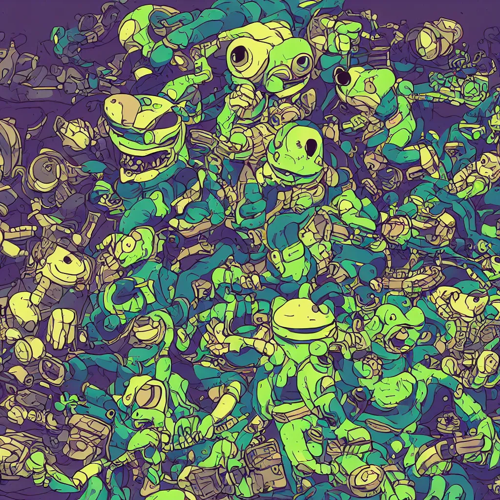 Prompt: toads, deconstructed amphibian, ryuta ueda artwork, breakcore, style of jet set radio, y 2 k, gloom, space, cel - shaded art style, indigo rainbow, data, minimal, code, cybernetic, dark, eerie, cyber