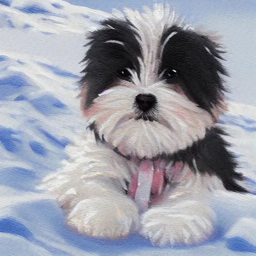 Image similar to cute fluffy maltese puppy sitting in snowy winter landscape detailed painting 4 k