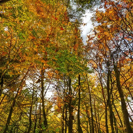 Image similar to autumnal british woodland scene, 3d, cgi, vector graphics, undulating terrain, blue sky visible through the canopy, leaves on the ground, autumnal colours