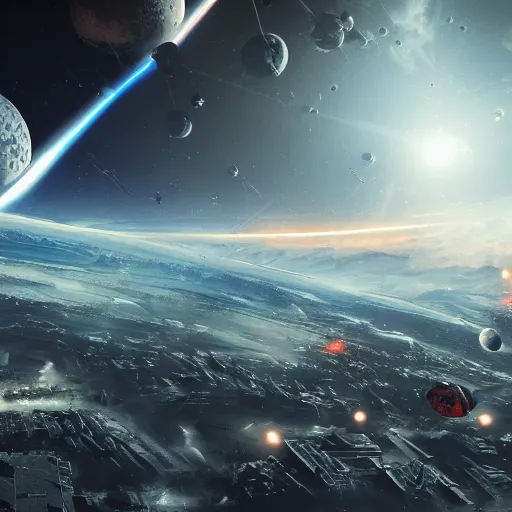 Prompt: massive space battle over a city planet, high detail, trending on artstation, 4 k