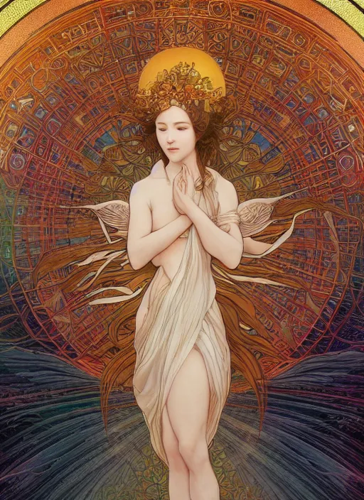 Image similar to goddess angel of tranquility::1 hyper detailed, character concept, full body, dynamic pose::2 intricate, lineart, cerpuscular rays, by yoshitaka amano, alfons mucha, 4k