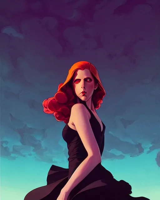 Image similar to Joshua Middleton comic art, artgerm, Mandy Jurgens art, Irina French art, cinematics lighting, beautiful Anna Kendrick supervillain, green dress with a black hood, angry, symmetrical face, Symmetrical eyes, full body, flying in the air over city, night time, red mood in background