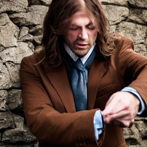 Image similar to Photograph of a stern man wearing a brown tweed coat. He is pointing his handgun towards a frightened young man with long hair against a stone wall. 4K, dramatic lighting