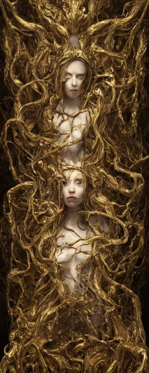 Image similar to portrait of a surreal goddess floating in the middle of a ancient wood, gold fluid simulation in the background, ultra super good realistic 3D render by Pete Morbacher and Emil Melmoth, insanely detailed, trending on artstation, sharp focus