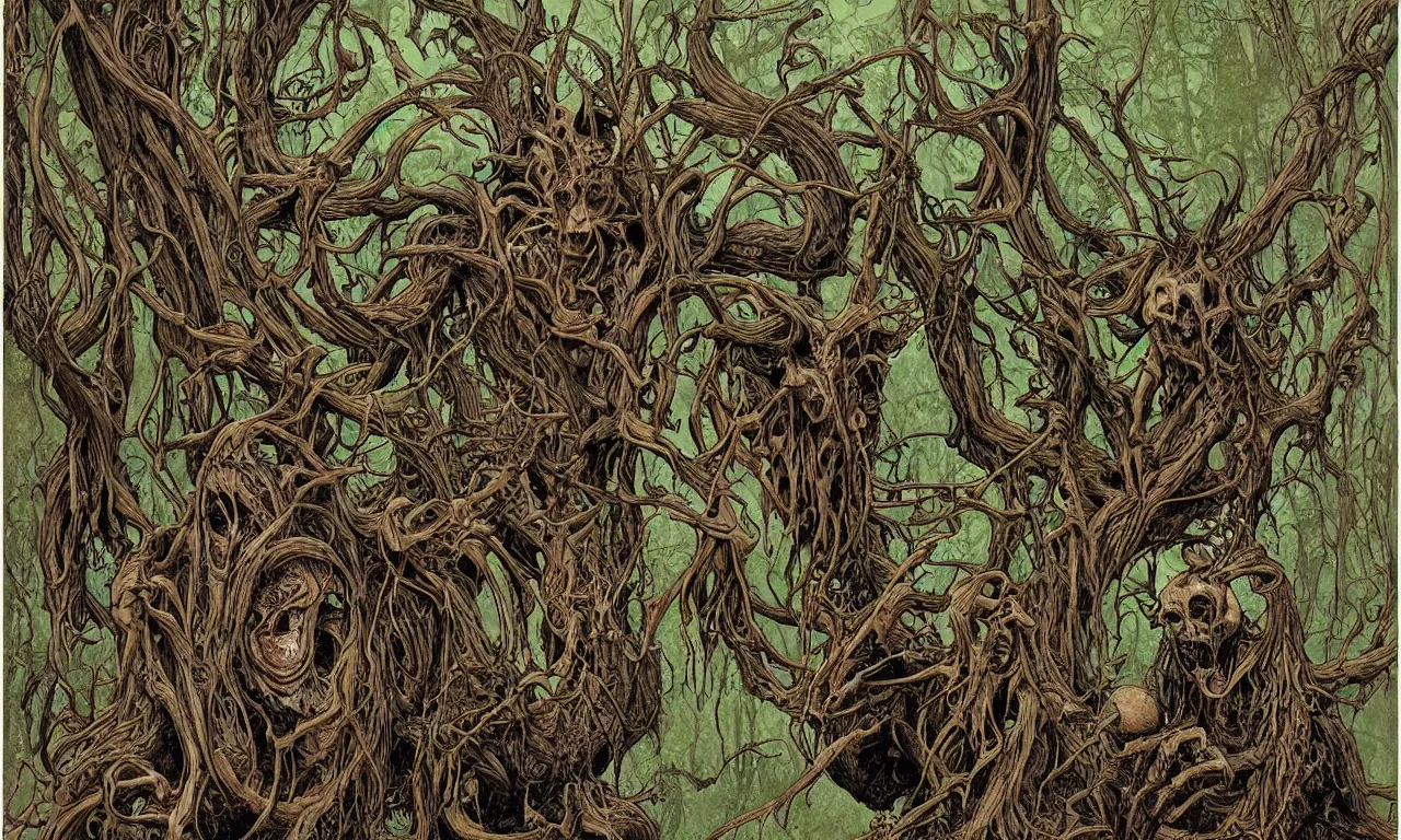 Image similar to hyperdetailed art nouveau portrait of treebeard and old groot as a cthulhu eyeball moose skull wendigo swamp thing cryptids, by michael kaluta, simon bisley and bill sienkiewicz, photorealism, claws, skeleton, antlers, fangs, forest, wild, bizarre, scary, lynn varley, lovern kindzierski, steve oliff