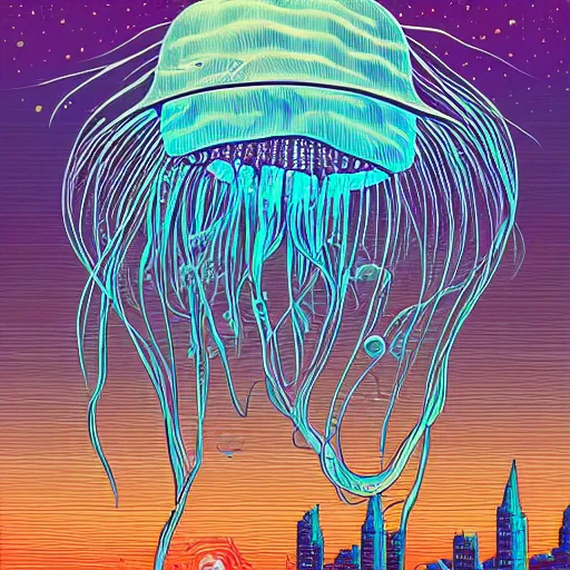 Prompt: A jellyfish by Dan Mumford, detailed, 8K, atmospheric