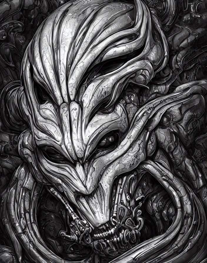 Image similar to engineer prometheus face by Artgerm, xenomorph alien, highly detailed, symmetrical long head, smooth marble surfaces, detailed ink illustration, raiden metal gear, cinematic smooth stone, deep aesthetic, concept art, post process, 4k, carved marble texture and silk cloth, latex skin, highly ornate intricate details, prometheus, evil, moody lighting, hr geiger, hayao miyazaki, indsutrial Steampunk