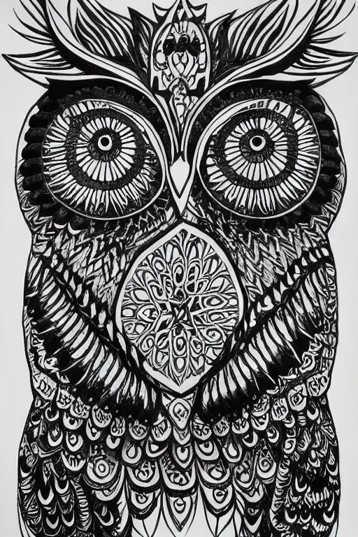 Image similar to symmetric owl mandala ink drawing