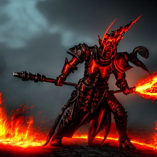 Image similar to photo of a hell knight with flaming weapons, highly detailed, 4k, HDR,