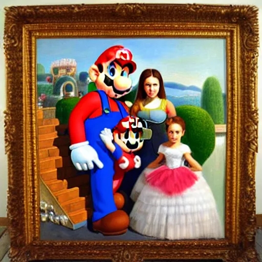 Image similar to super mario family portrait, oil painting, antique painting, highly detailed