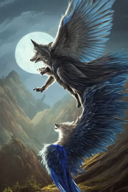 Prompt: blue feathered wolf with wings on a beautiful fantasy landscape, hills, mountains, moonlit, hd, illustration, epic, d & d, fantasy, intricate, elegant, highly detailed, digital painting, artstation, concept art, smooth, sharp focus, illustration, wallpaper, art by artgerm and greg rutkowski and alphonse mucha and jin xiaodi