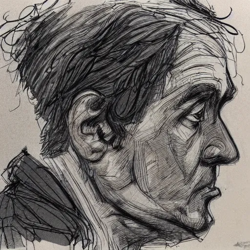 Image similar to a realistic yet scraggly portrait sketch of the side profile of a stern and sophisticated jonny greenwood, trending on artstation, intricate details, in the style of frank auerbach, in the style of sergio aragones, in the style of martin ansin, in the style of david aja, in the style of mattias adolfsson