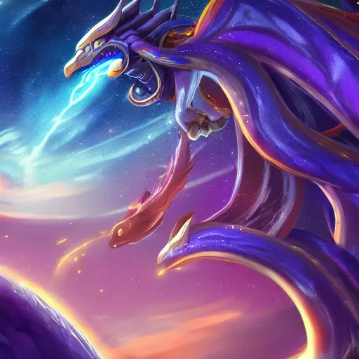 Prompt: Aurelion Sol from League of Legends looking down at Earth from space, riot games art, digital art, trending on artstation, highly detailed