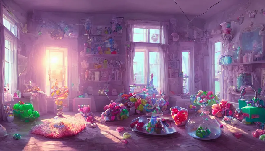 Image similar to house full of candies and lollipop, sunrise light through windows, hyperdetailed, artstation, cgsociety, 8 k