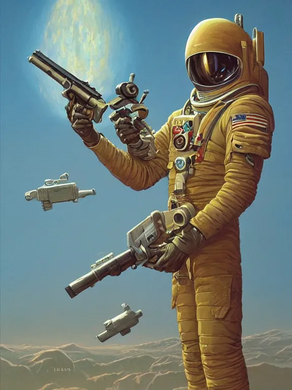 Image similar to a painting of a spaceman holding a rifle, concept art by michael whelan, tim white and vincent di fate, featured on deviantart, space art, concept art, sci - fi, cosmic horror