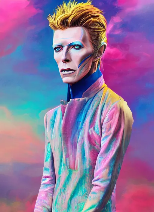 Prompt: detailed full body concept art illustration colorful pastel painting of a david bowie on the ocean in full intricate clothing, ultra detailed, digital art, octane render, 4K, dystopian, micro details