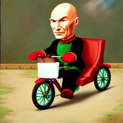 Prompt: Captain Picard on a tricycle, lowbrow painting by Mark Ryden