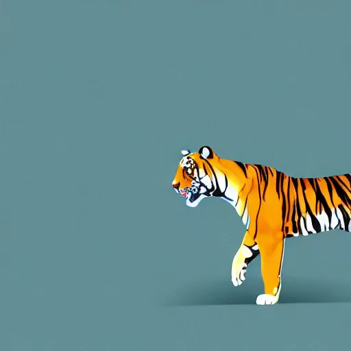 Image similar to tiger walking with backdrop showing the sky, palm tres. the tiger has sharp claws and teeth. in minimal colourful geometric illustration style digital painting