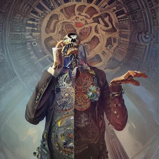 Image similar to a skeleton with big googly eyes, wearing designer clothes, dancing at a techno rave, historical, intricate, highly detailed, dynamic lighting, digital art, digital painting, artstation, wlop, sharp focus, illustration, art by artgerm and greg rutkowski and alphonse mucha