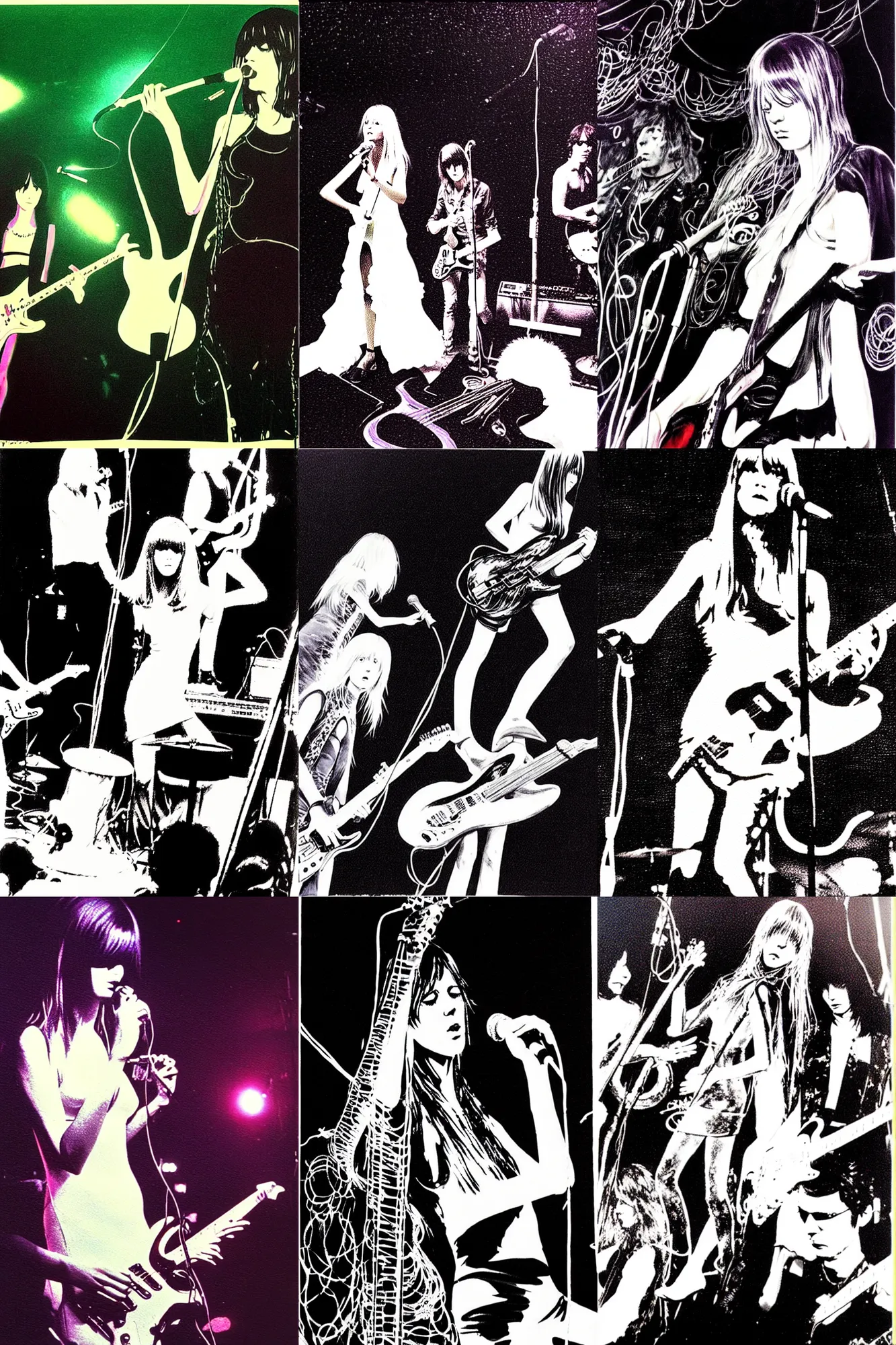 Prompt: the velvet underground playing live on stage in san francisco at a night club in 1 9 6 9, nico wearing a white dress, beautiful stage decoration in the background, art by yoshitaka amano, very detailed and colorful, moody, relaxed, stoned, trending on artstation