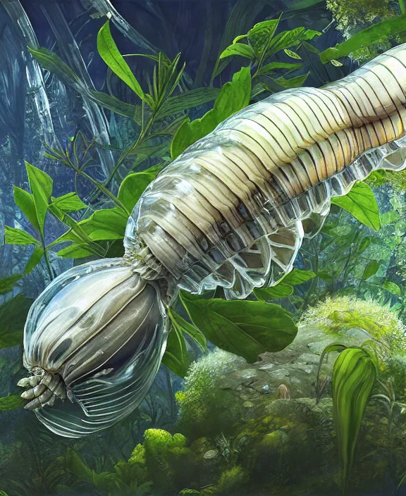 Image similar to transparent clear see - through image of many many isopods, lush botany, foliage, aurora spaceship environment, ultra realistic, concept art, photorealistic, octane render, 8 k, unreal engine. art by gustave dore and nori inoguchi and sam kaplan and zachary goulko and christopher marley and artgerm and alphonse mucha