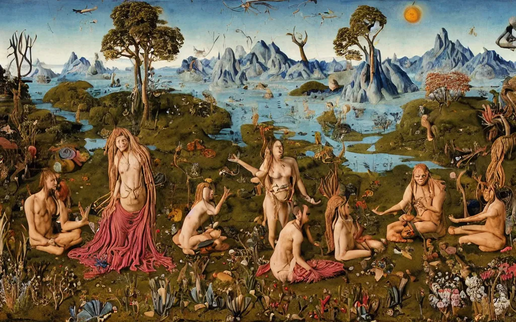 Prompt: a portrait photograph of a meditating centaur shaman and a flayed monk feeding mermaids at a wide river delta. surrounded by bulbous flowers, animals and a few trees. mountain range under a vast blue sky of burning stars. painted by jan van eyck, max ernst, ernst haeckel, ernst fuchs and artgerm, trending on cgsociety