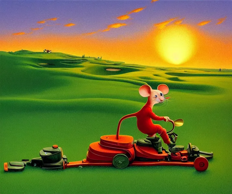 Prompt: hyper detailed 3d render like a Oil painting - a cartoon mouse riding a lawnmower across a golf course at dawn, by Jacek Yerka, Mariusz Lewandowski, Houdini algorithmic generative render, Abstract brush strokes, Masterpiece, Edward Hopper and James Gilleard, Zdzislaw Beksinski, Mark Ryden, Wolfgang Lettl, hints of Yayoi Kasuma, octane render, 8k