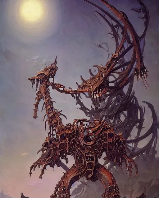 Image similar to elegant renaissance painting of biomechanical warhammer final boss creature vecna, art by bruce pennington and peter mohrbacher