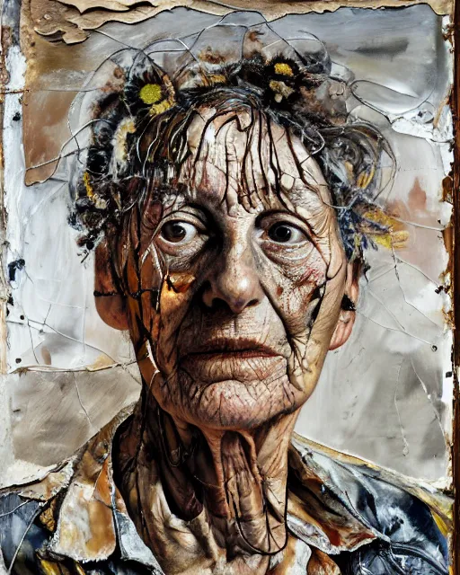 Image similar to a full length portrait of a very ordinary old woman with a blank expression, Anselm Kiefer and Lucian Freud and Jenny Saville, oil painting, rust, Scaffolding, rusted metal and sunflowers, iron cladding, decay, mixed media, textured, anatomically correct, beautiful perfect face, visible brushstrokes, sharp focus, Highly Detailed, Cinematic Lighting, 8k, HD