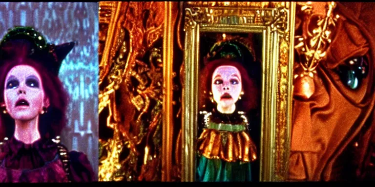 Image similar to cinematography of the 1985 film Return To Oz Character Jack pumpkin head standing in the mirrored palace of princess Mombi in the style of the 1985 film Return To Oz Shot on Film by Return To Oz Cinematographer David Watkin on a cooke panchro 18mm lens.