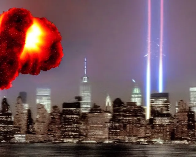 Image similar to [alien invasion] ufo footage spotted at new york city. there is explosions all over the city. 9/11 inspired. archangel invasion.