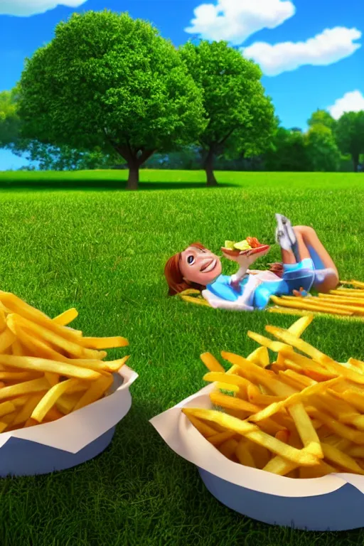Prompt: french fries on a sunny sunday picnic on a green grass with people and trees on background, pixar 3 d animation style