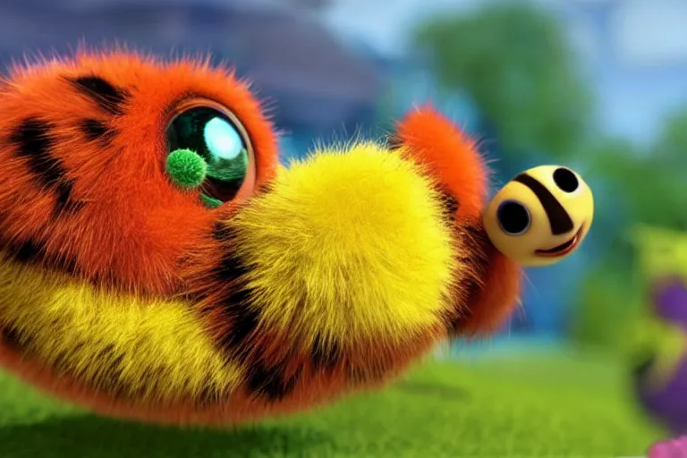 Image similar to disney pixar's a bug's life, cgi caterpillar colorful, furry caterpillar