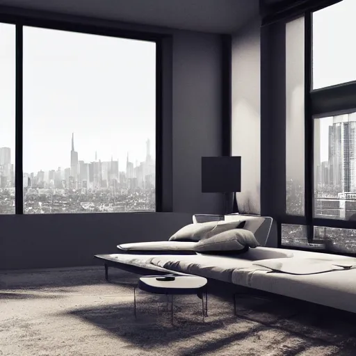 Image similar to brutalist open living room, big windows, showing city landscape on background, minimalist architecture, minimalist furniture, octane render, high quality, 8 k, post production