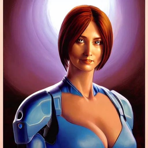 Image similar to digital portrait of cortana from halo, art by boris vallejo and julie bell