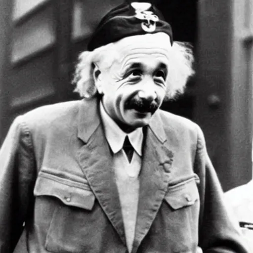Image similar to Einstein as modern navy soldier, bright colors, film still