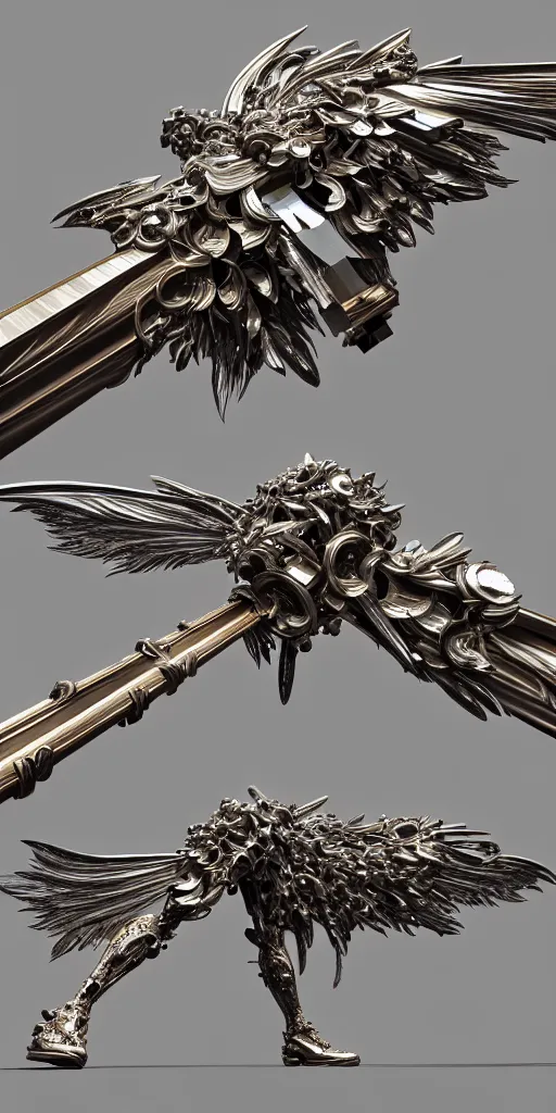 Prompt: beautiful physical hyper detailed render of a huge mega moon bow weapon made of crystal, the style of louis comfort tiffany, pascal blanche, zigor samaniego, paul pepera, ellen jewett, weapon design, perfect shadow, mechanics, feather, wing, exquisite, metal, structure, c 4 d, 3 d render, unreal engines, atmospheric lighting, 4 k hd
