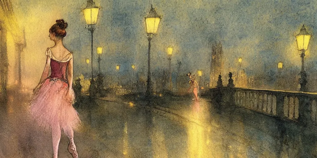 Prompt: a hiper intricate watercolor of a beautiful ballerina walking at midnight by the light of the street lights on the bridge extremely detailed, sharp focus, wide view, smooth, digital illustration, colorfull, by william turner art, by edgar degas, by edmund dulac
