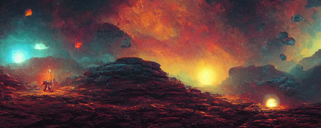 Image similar to ” rocky asteroid floating in space, [ cinematic, detailed, epic, widescreen, opening, establishing, mattepainting, photorealistic, realistic textures, octane render, art by paul lehr ] ”