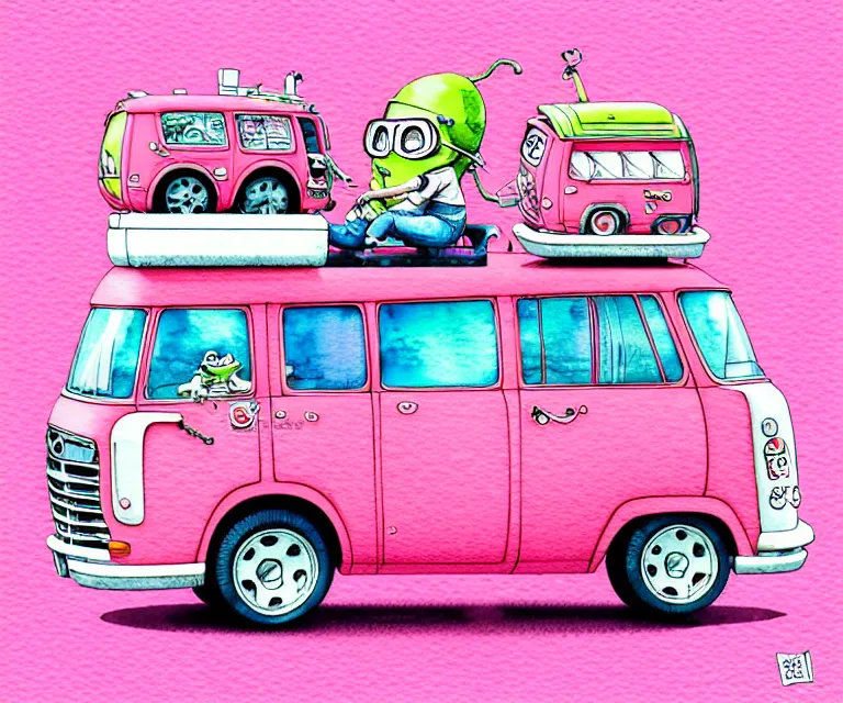 Image similar to cute and funny, pink colored squid wearing goggles riding in a tiny hot rod van with oversized engine, ratfink style by ed roth, centered award winning watercolor pen illustration, isometric illustration by chihiro iwasaki, edited by range murata, tiny details by artgerm and watercolor girl, symmetrically isometrically centered