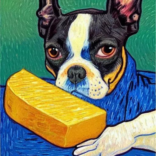 Prompt: a painting of a boston terrier eating cheese, in the style of van gogh, highly detailed